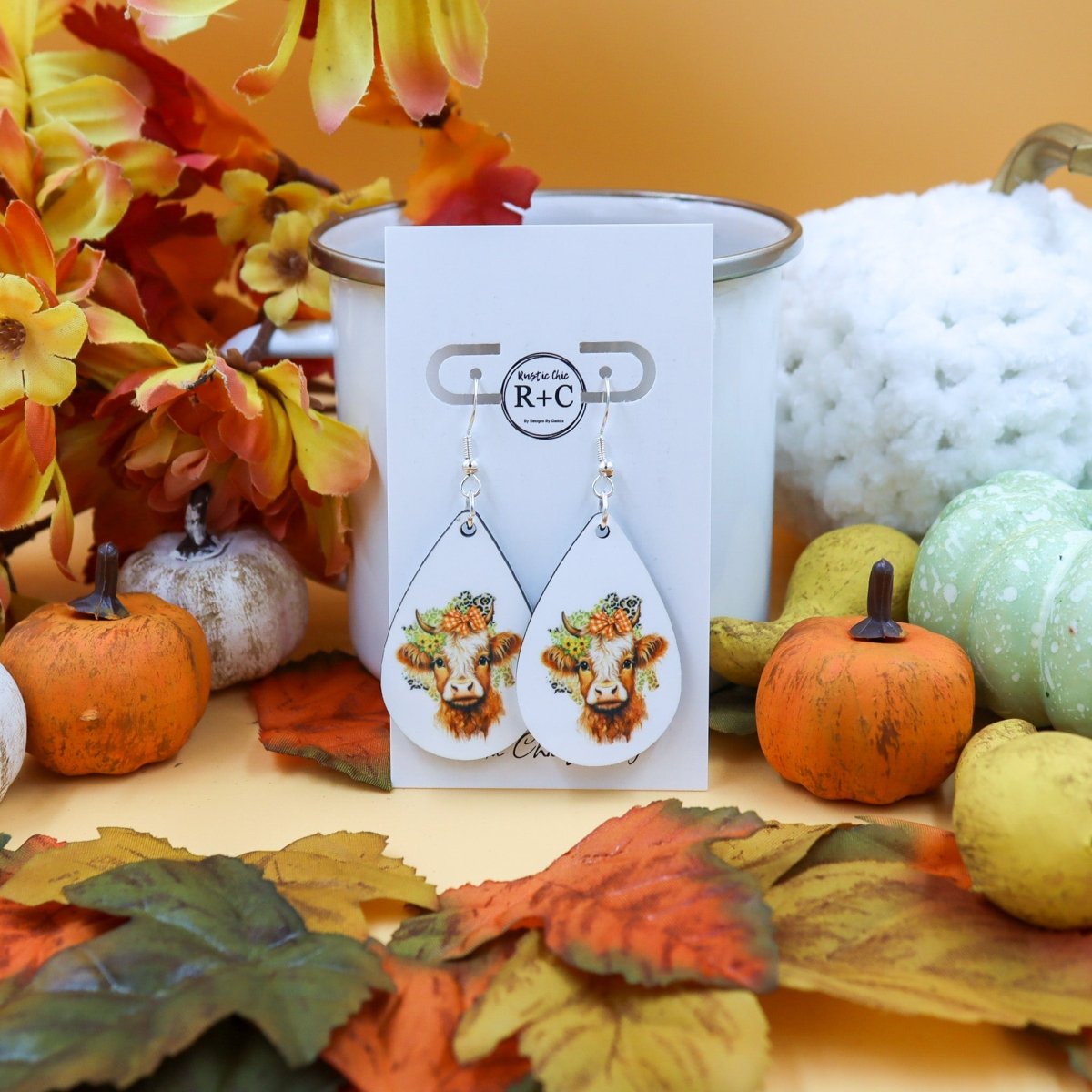 Rustic Chic by Designs By GaddisFloral Cow Sublimation Teardrop Drop Earrings