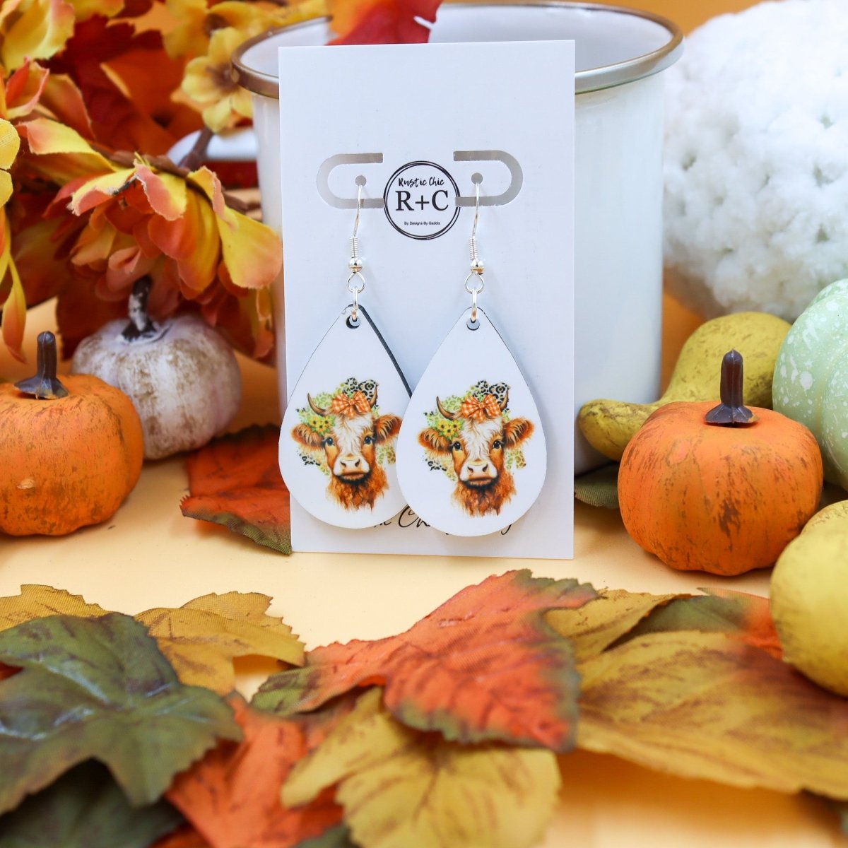 Rustic Chic by Designs By GaddisFloral Cow Sublimation Teardrop Drop Earrings