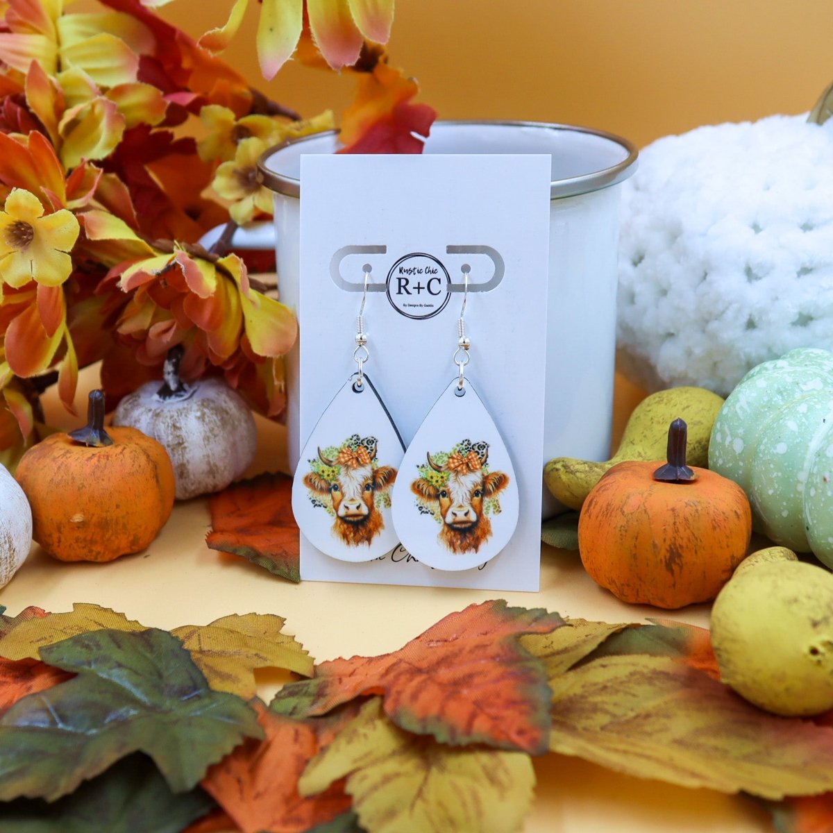 Rustic Chic by Designs By GaddisFloral Cow Sublimation Teardrop Drop Earrings