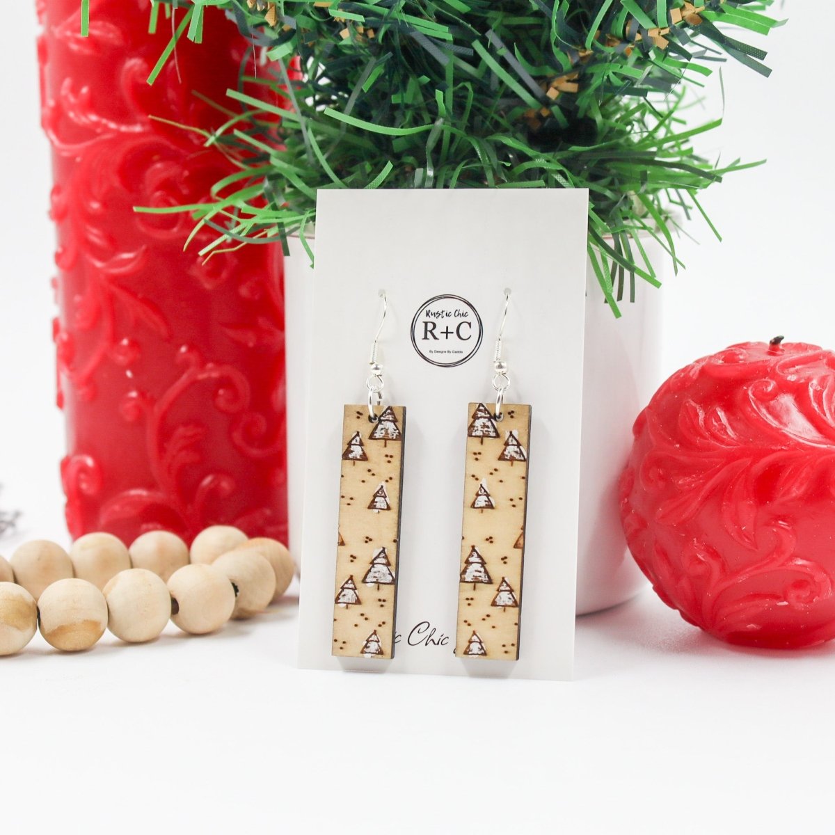 Rustic Chic by Designs By GaddisWhite Christmas Tree Wood Bar Drop Earrings