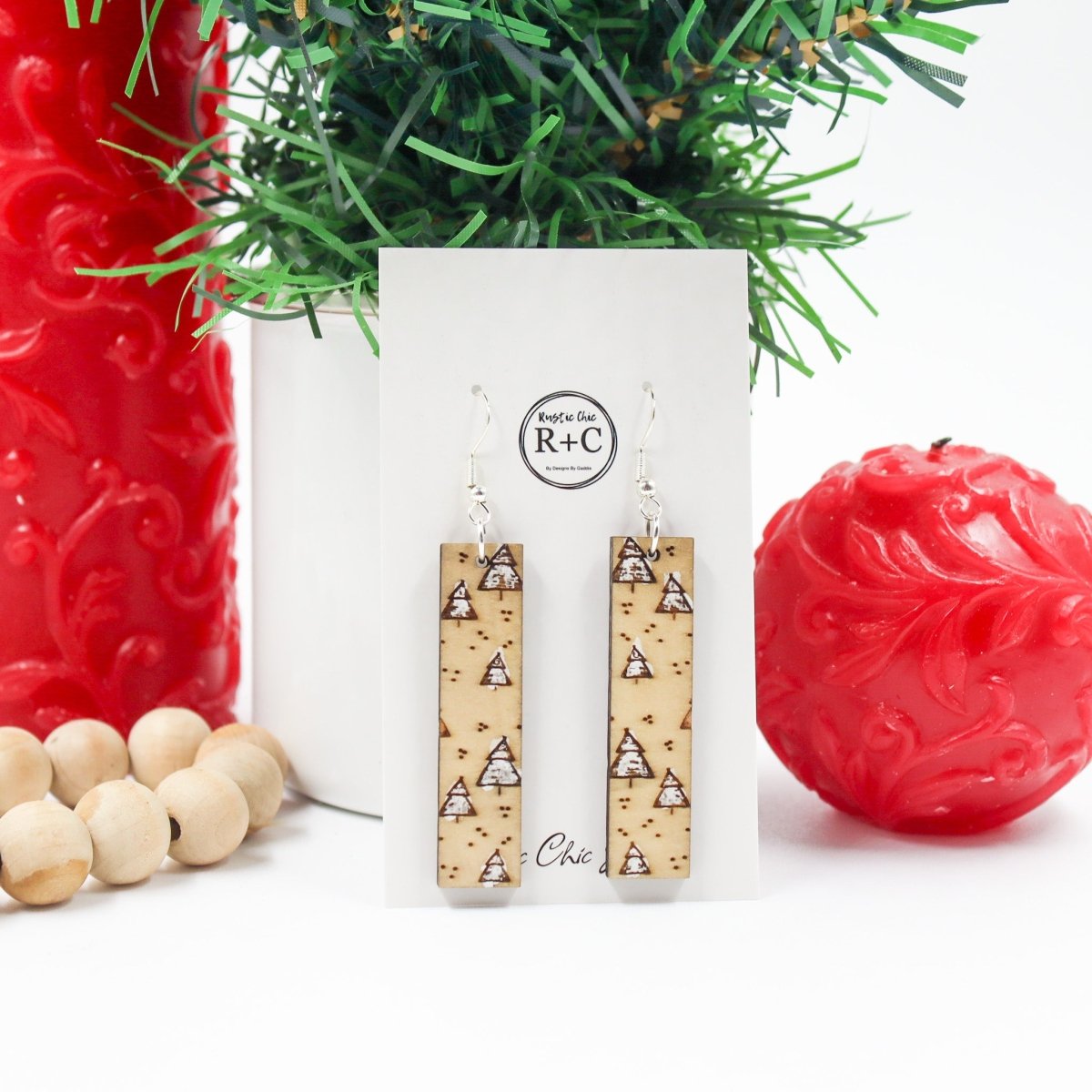 Rustic Chic by Designs By GaddisWhite Christmas Tree Wood Bar Drop Earrings