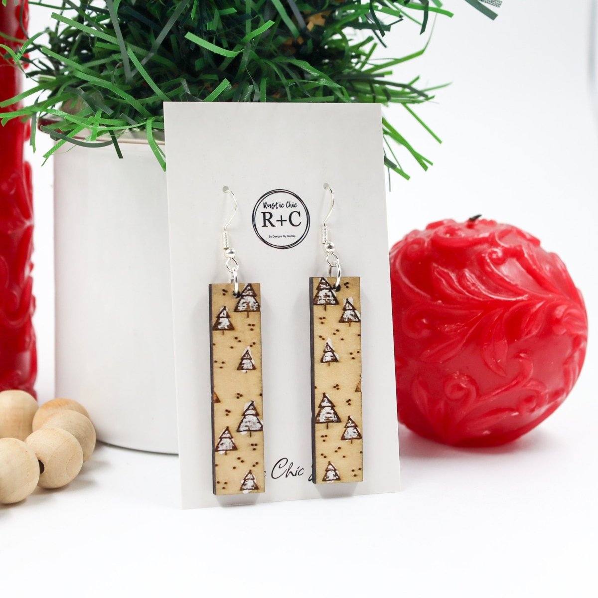 Rustic Chic by Designs By GaddisWhite Christmas Tree Wood Bar Drop Earrings